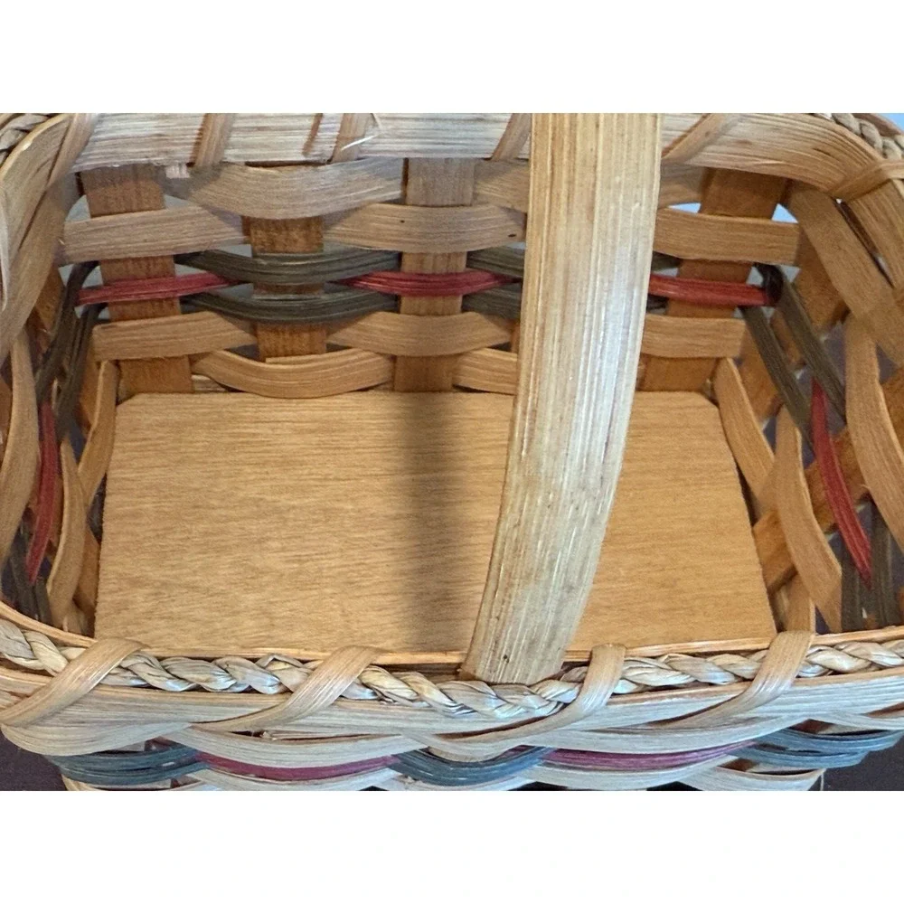 Hand Crafted Woven Double Wine Basket 3 Tone Wood With Handle Signed Dated 2006
